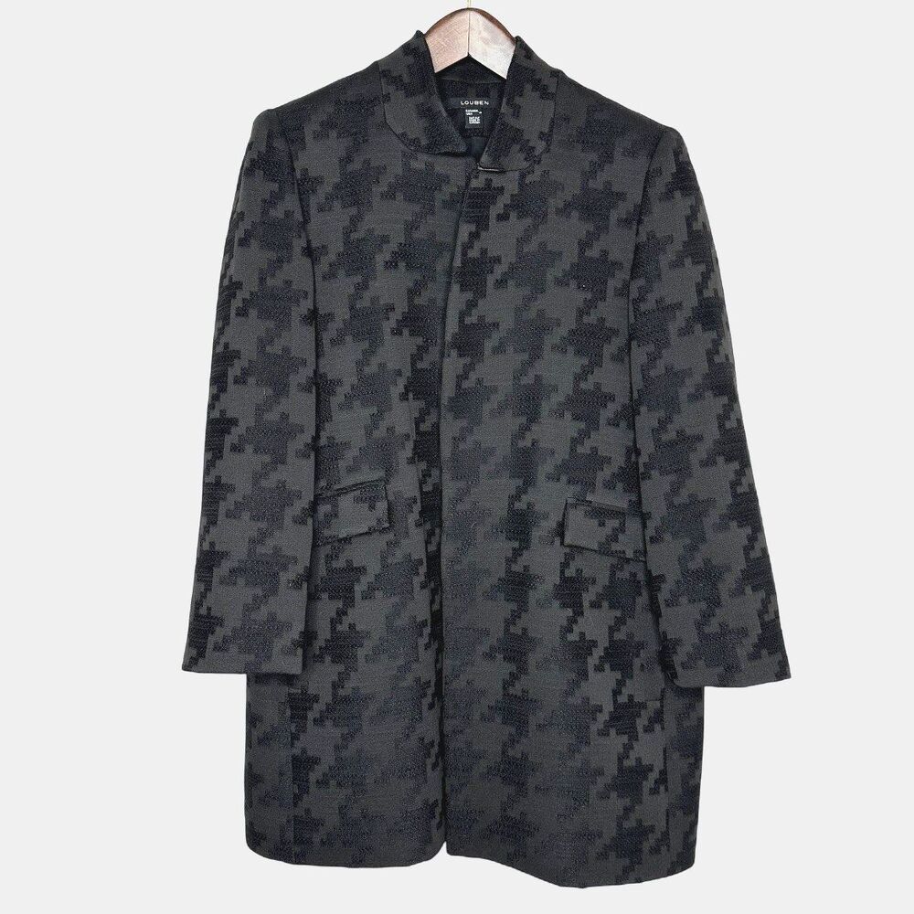 Louben Houndstooth Jacket Black Wool Blend Open Front Old Money Career Sz 16